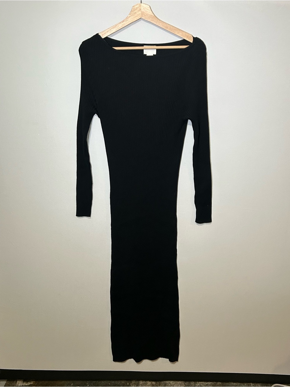 H&M Black Ribbed Knit Bodycon Maxi Dress Long Sleeve Size L - Picture 2 of 7